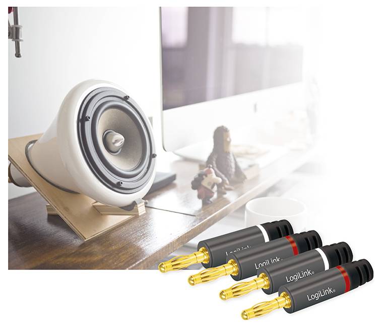 'A desktop setup featuring a speaker and figurines on a wooden surface, with LogiLink audio connectors in the foreground.'