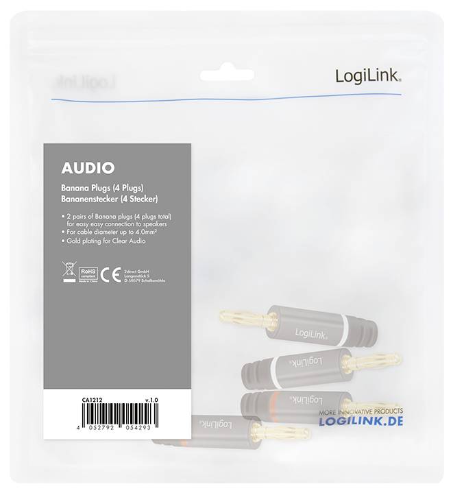 A package of four LogiLink audio banana plugs with gold plating for clear audio, displayed in a clear bag with brand and product details.
