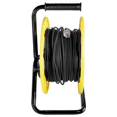 A yellow and black cable reel with a long black cable wound around it, and a connector visible at the end, on a metal frame.