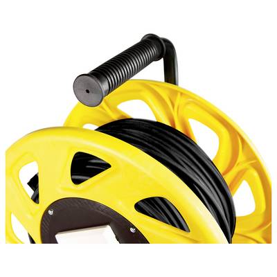 A yellow reel with a black handle holding coiled black cable, designed for easy cable storage and transport.