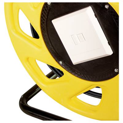 A yellow cable reel with a black stand and housing is shown, featuring a switch on its side.