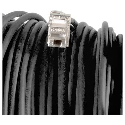 A coiled black Ethernet cable with a clear RJ45 connector at the end.