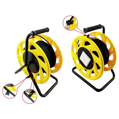 'Two yellow cable reels with handles, showing plug details in zoomed insets. One reel has a closed socket, the other is shown from the side.'