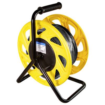 'A yellow cable reel with a metal frame and handle, holding black coil wire, used for storing or transporting electrical cables.'