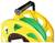A yellow garden hose reel with a black handle, neatly coiled with a green hose.