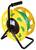 A yellow cable reel with a black frame holds a coiled green cable, featuring a black handle for easy carrying and maneuvering.
