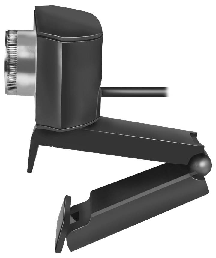 A side view of a black webcam with adjustable stand, showing a USB cable extending from the back.