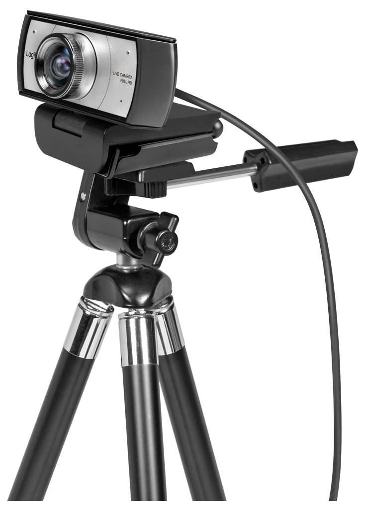'A webcam mounted on a black and silver tripod, positioned for video recording or streaming.'