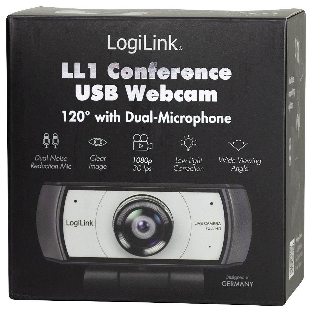 'LogiLink LL1 Conference USB Webcam' packaging with specs: 120° view, dual microphones, clear image, 1080p at 30 fps, low light correction. Designed in Germany.