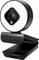 A round webcam with a black and silver design, mounted on an adjustable stand.