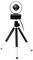 A webcam mounted on a tripod, featuring a round design with a prominent lens and cable attached, suitable for video conferencing.