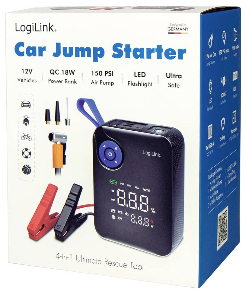 Box for LogiLink Car Jump Starter, features 12V vehicles, QC 18W power bank, 150 PSI air pump, LED flashlight. Includes jumper cables.