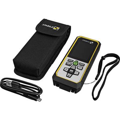 Laser distance measurer with a digital screen and buttons, shown alongside a black carrying pouch and a USB charging cable.
