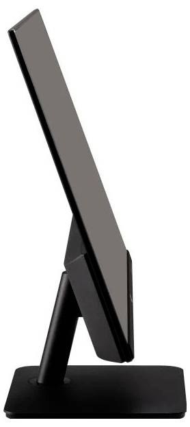 A thin, modern computer monitor in a side profile view with a sleek black design, positioned on a flat, sturdy stand.