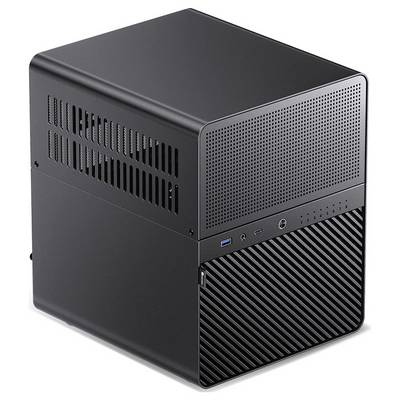 A small, black, minimalist computer case with front ventilation, USB ports, and a power button, designed for compact system builds.