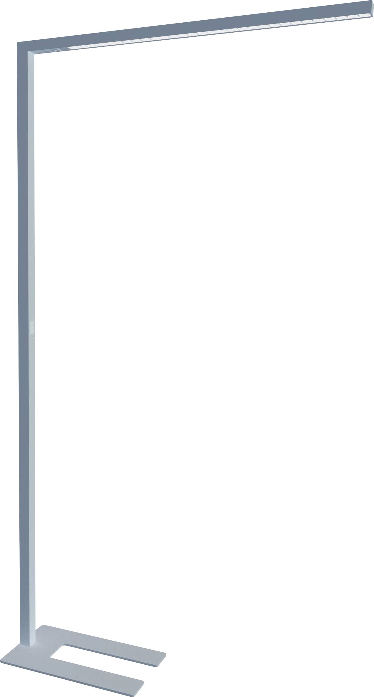 A minimalist, modern floor lamp with a slim, rectangular frame and a U-shaped base, designed for contemporary interior settings.