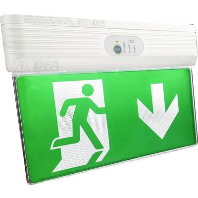 A green exit sign with a running person and white arrow pointing down, indicating the direction to the nearest emergency exit.