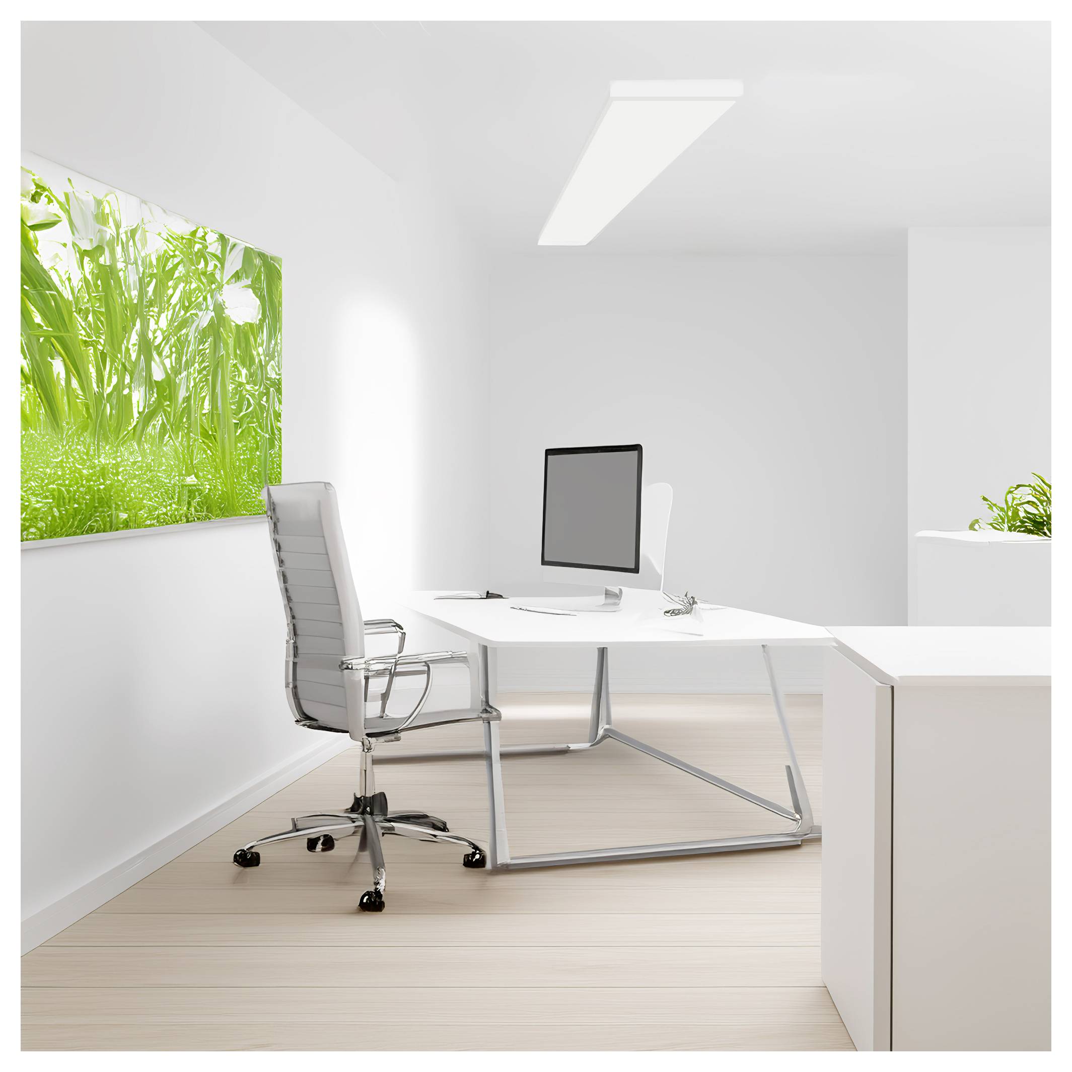 A modern, minimalistic office features a white desk with a computer, a swivel chair, and a window showcasing green foliage, creating a serene atmosphere.