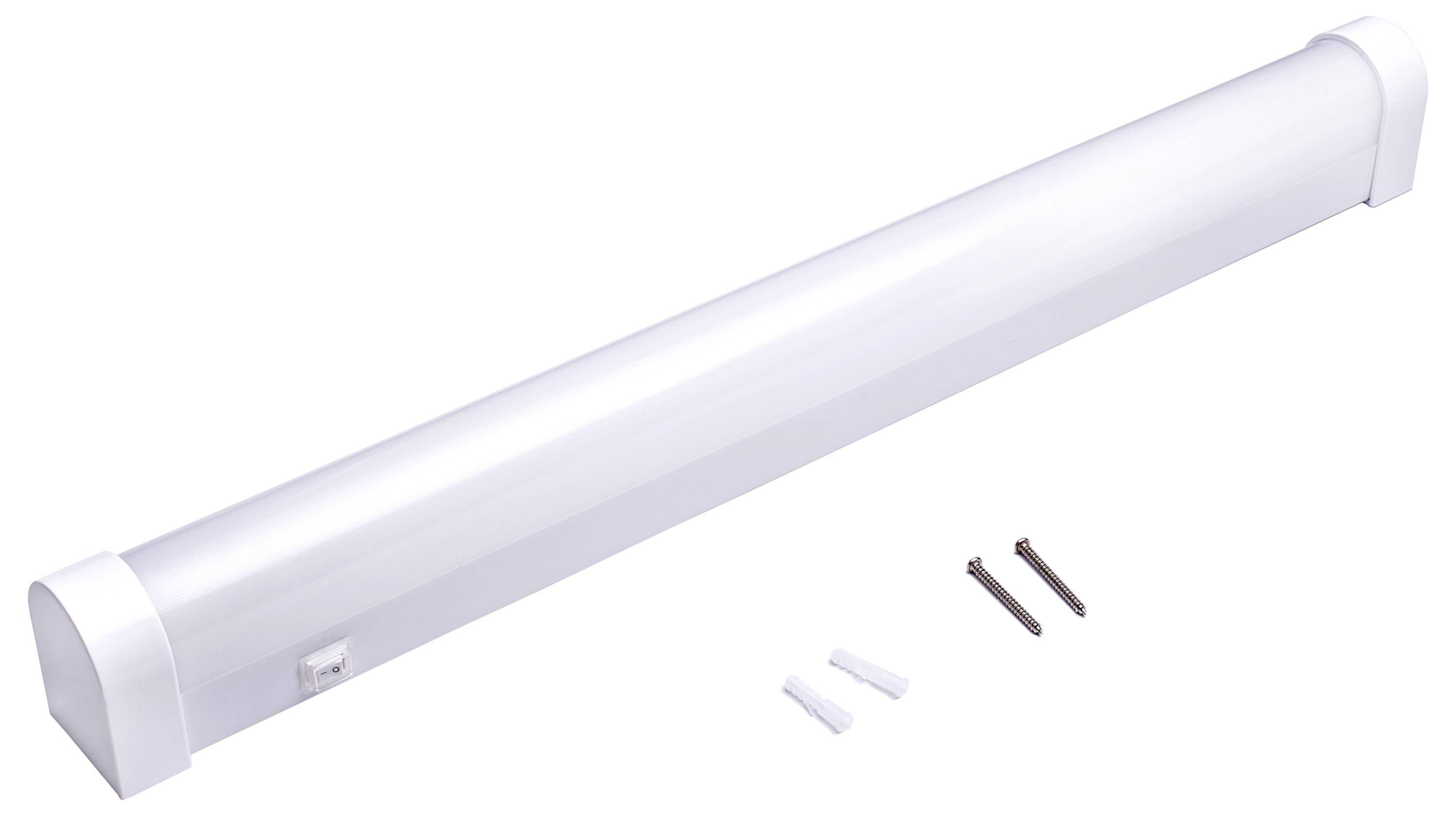 A white, cylindrical LED tube light with mounting hardware including two screws and two wall plugs, positioned on a plain background.
