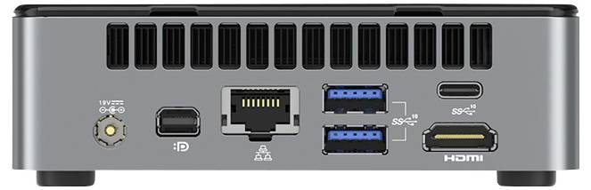 Rear panel of a compact mini PC showing power input, USB-C, DisplayPort, two USB-A ports, Ethernet, and HDMI connections.