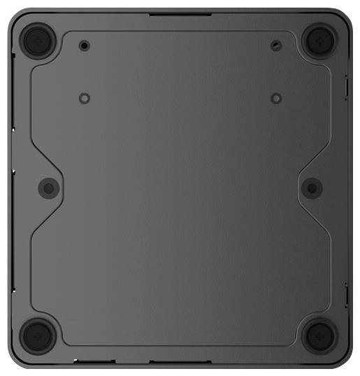 Close-up of a square black device base or underside with four round corner feet and mounting holes, shown against a white background.