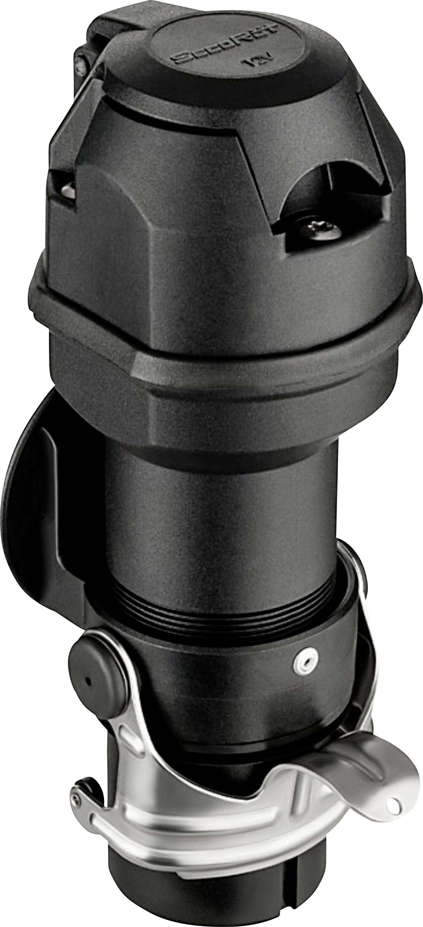 A close-up image of a sleek, black cylindrical mechanical part with a locking mechanism and metallic clasp on its base.