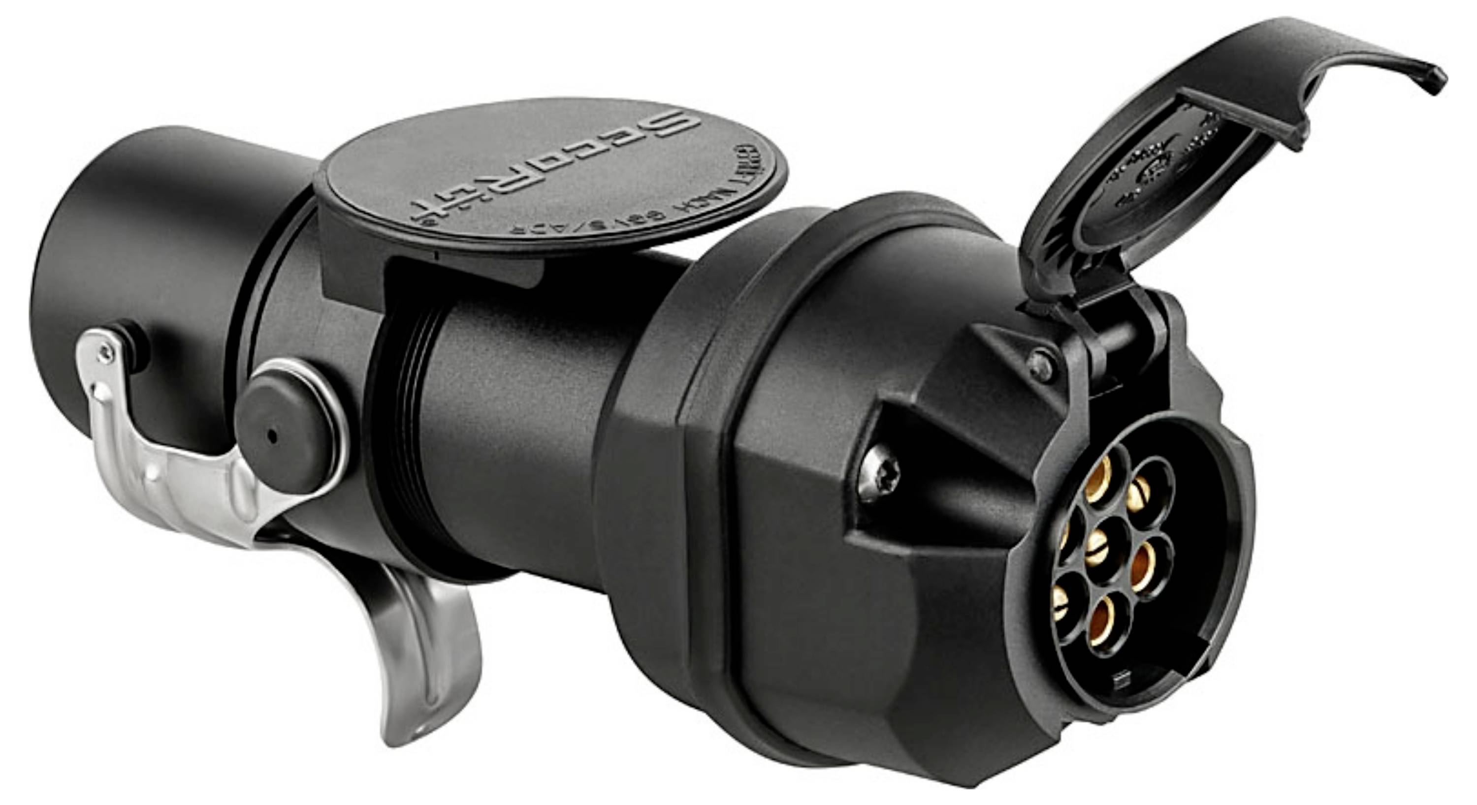 Black 7-pin trailer connector with two metal clips, labeled 'Scosche' on the circular cover, designed for towing electrical connections.