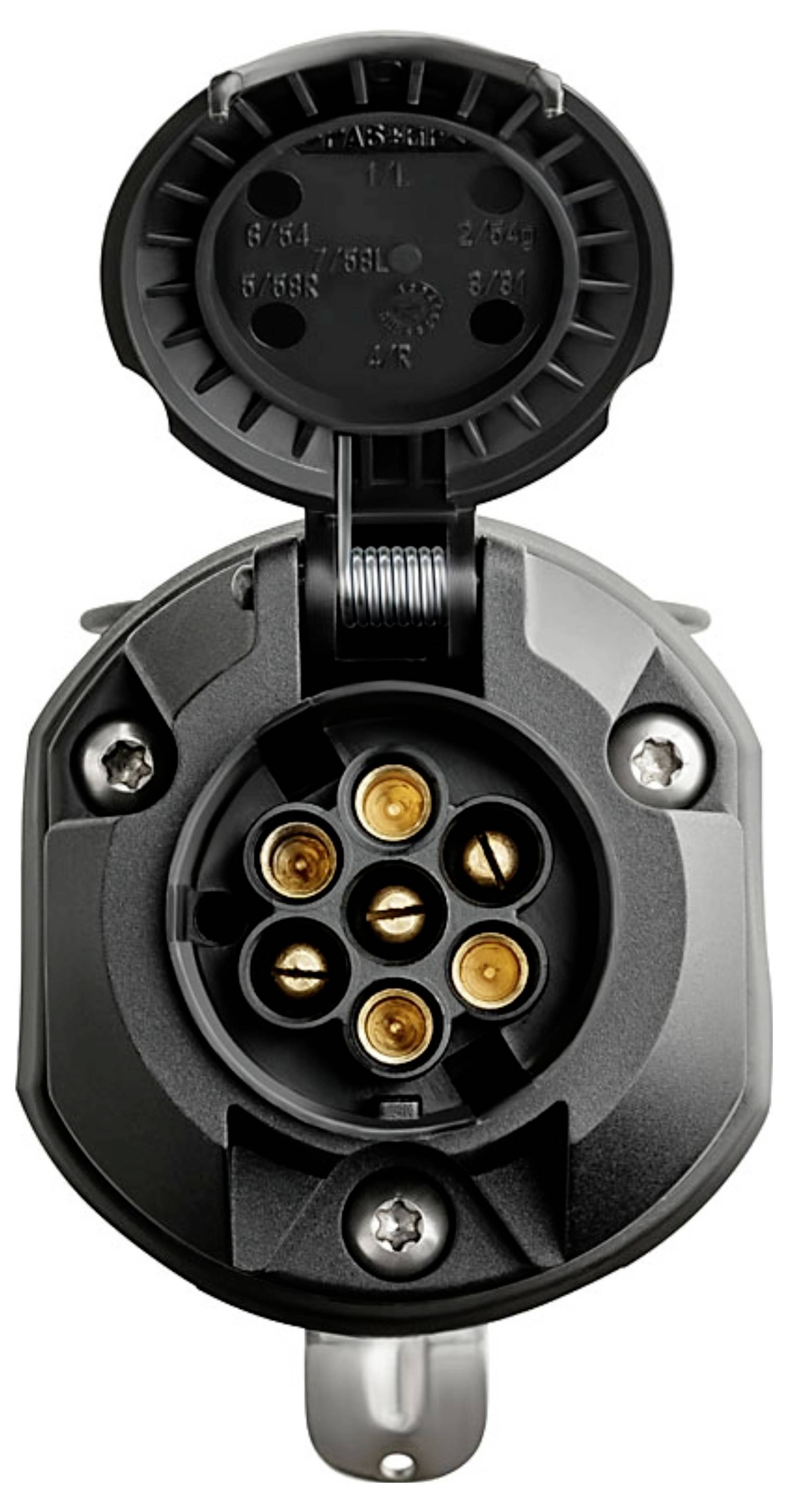'Electric vehicle charging socket, seven-pin plug type, shown with cover open.'