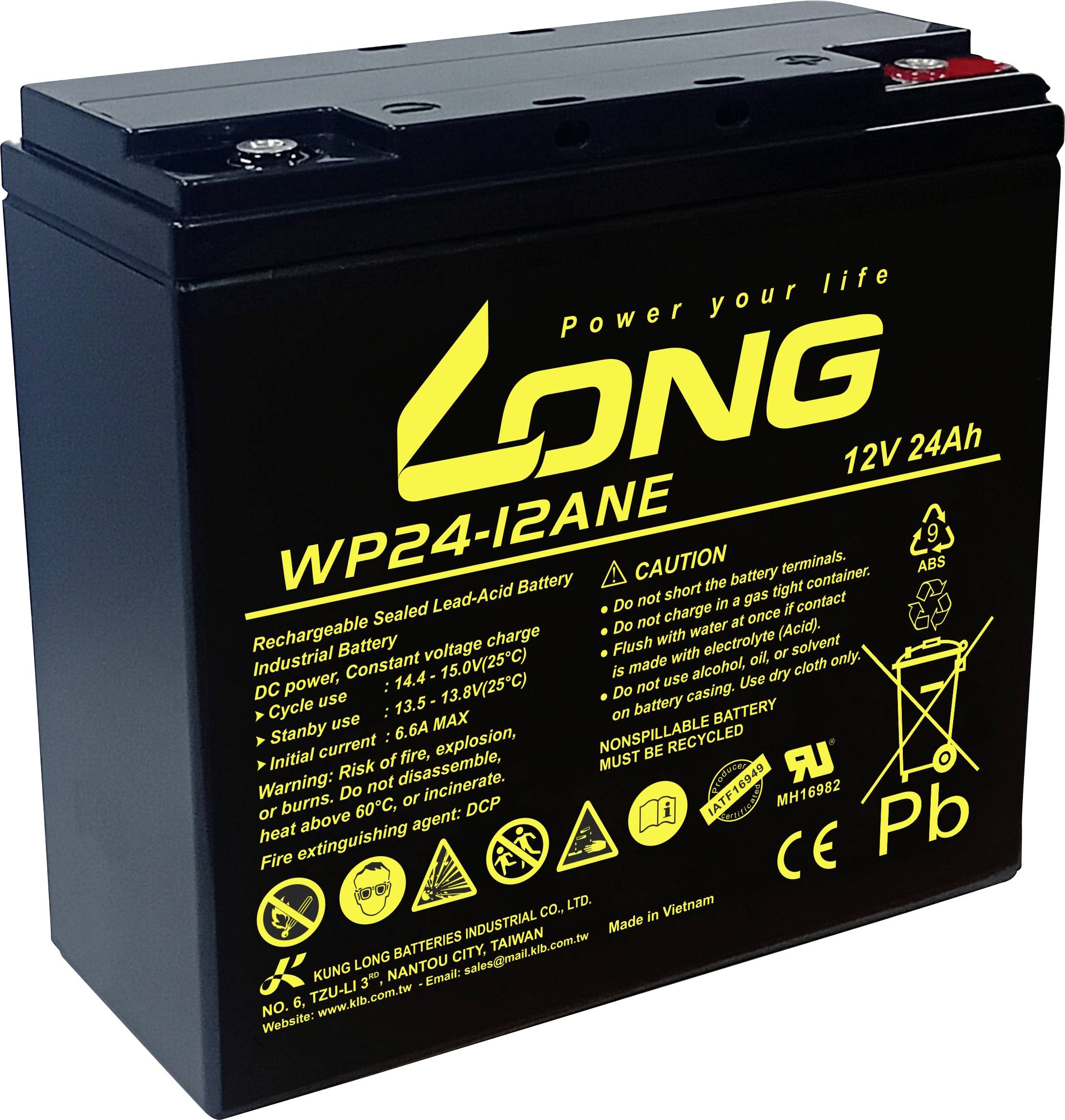 Black rechargeable sealed lead-acid battery with yellow text: 'LONG WP24-12ANE 12V 24Ah'. Displays specifications and safety warnings.