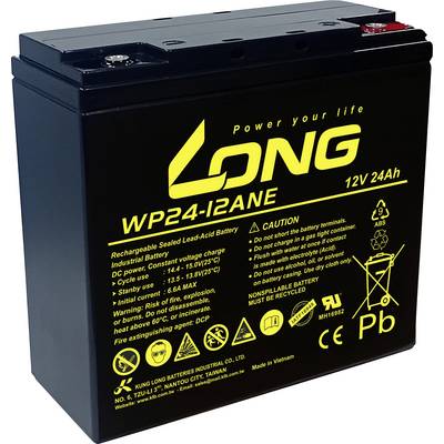 Black rechargeable sealed lead-acid battery with yellow text: 'LONG WP24-12ANE 12V 24Ah'. Displays specifications and safety warnings.