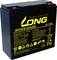 Black rechargeable sealed lead-acid battery with yellow text: 'LONG WP24-12ANE 12V 24Ah'. Displays specifications and safety warnings.