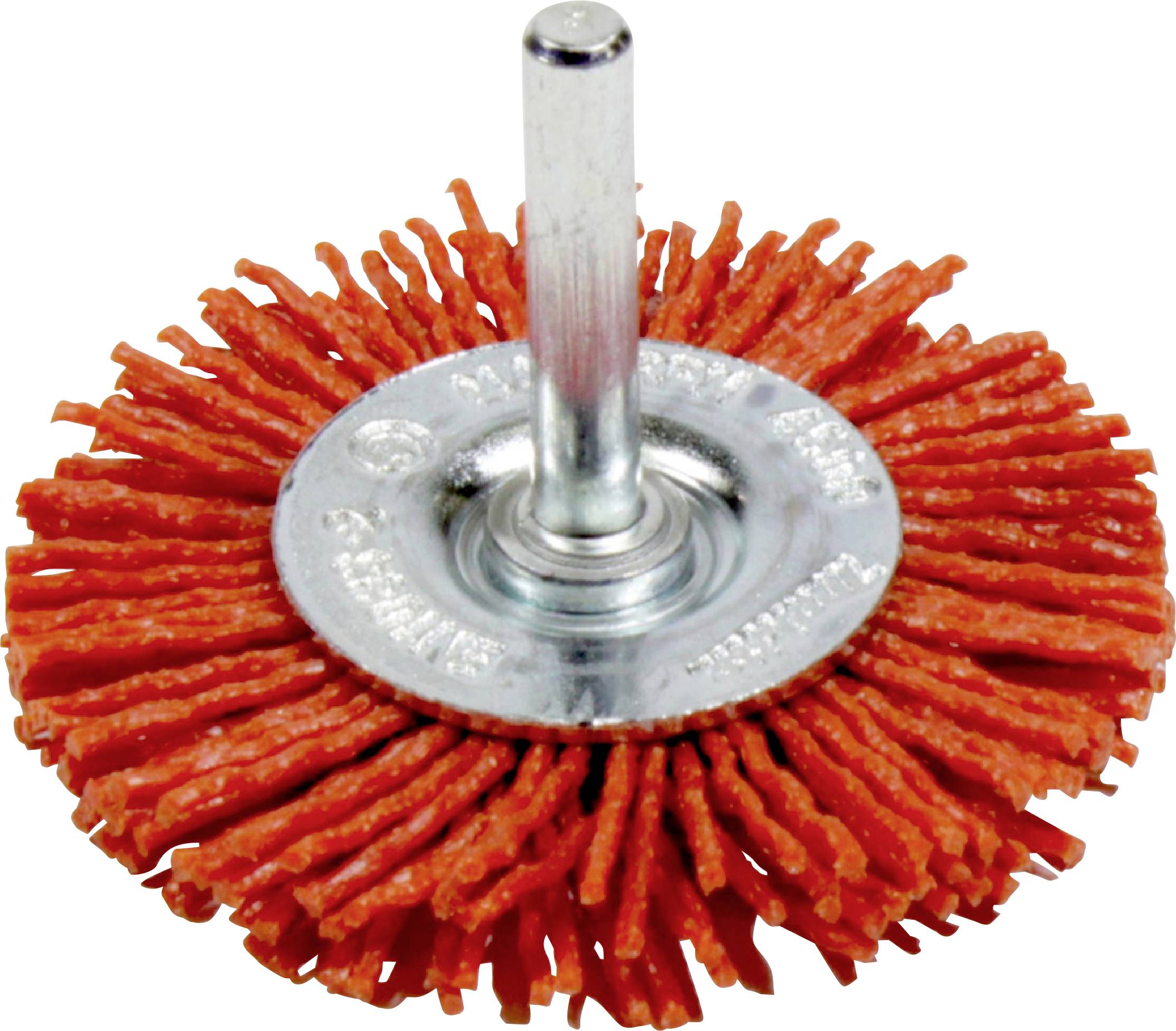 An orange abrasive wire wheel with a metal shaft, used for cleaning or grinding surfaces.