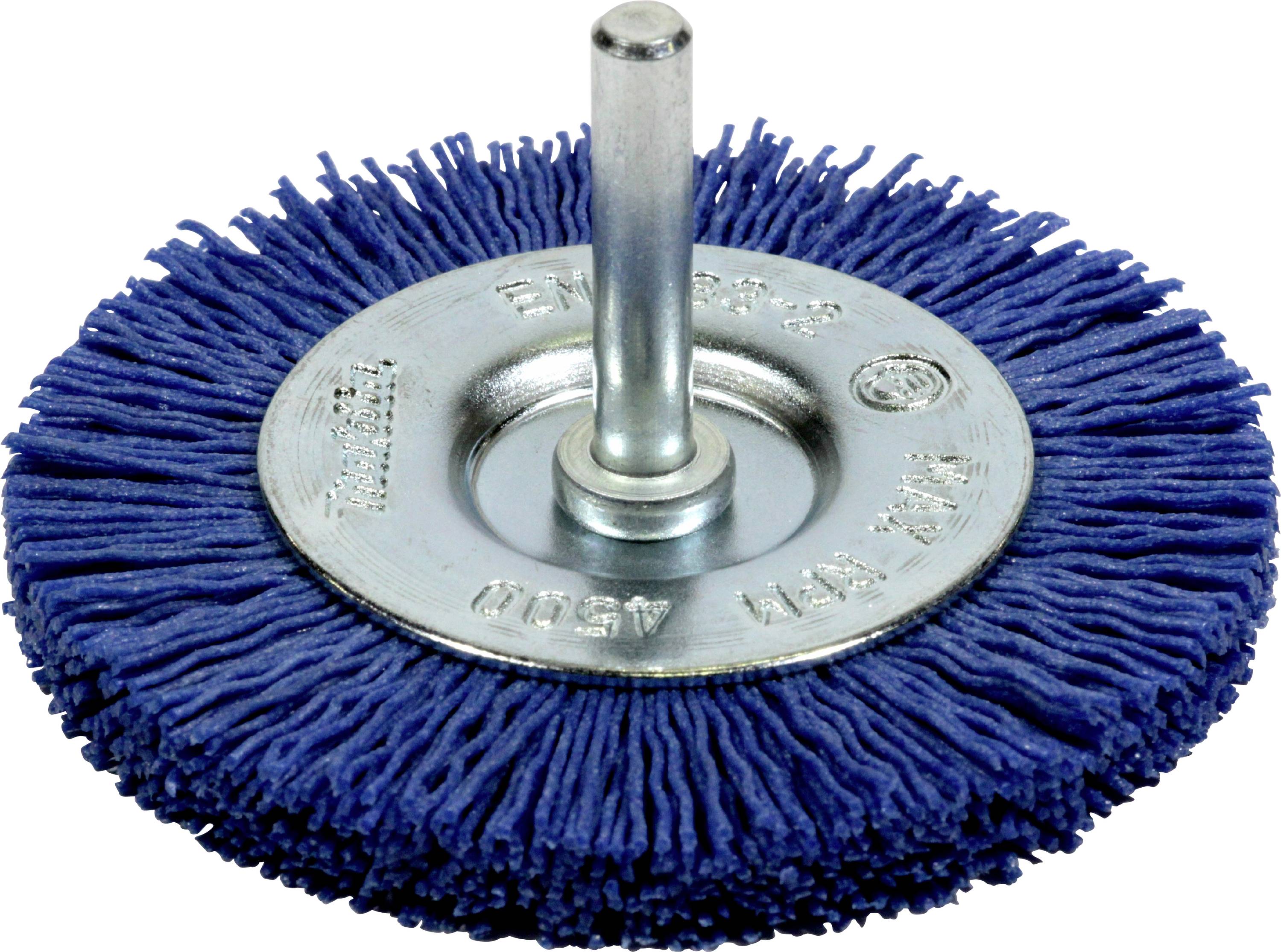 A blue abrasive wheel brush with a metal center and shaft, used for cleaning or finishing surfaces.