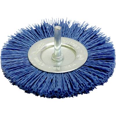 A blue wire brush attachment for power drills, featuring a circular metal center with numerous bristles extending outward for cleaning.