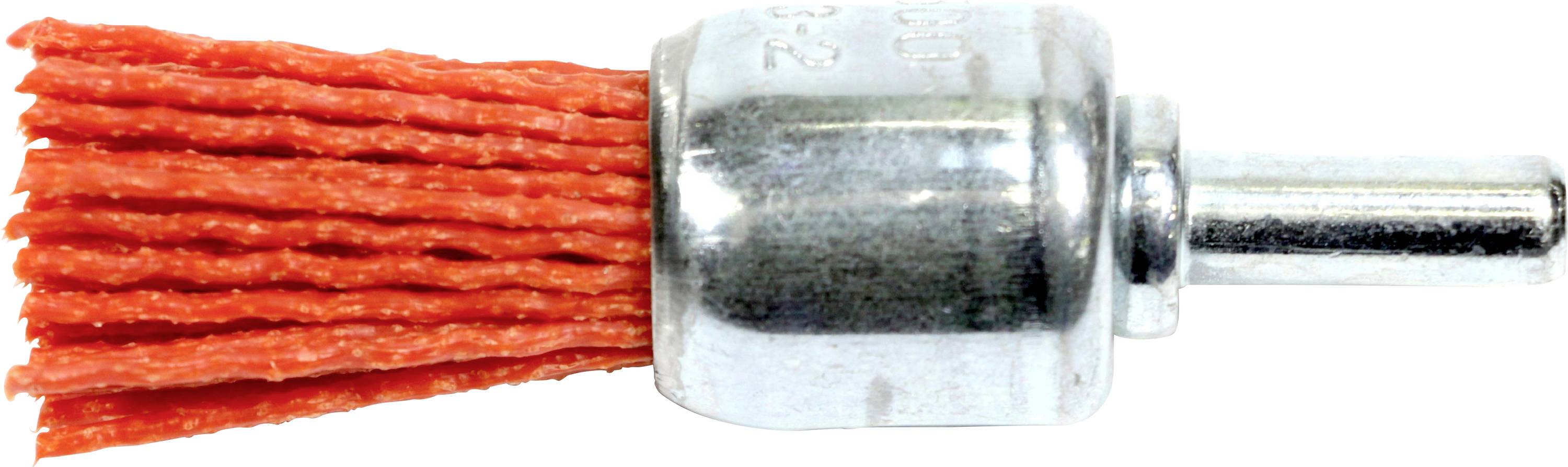 A red abrasive nylon brush with a metal cylindrical head and a shank, used for cleaning or polishing surfaces.