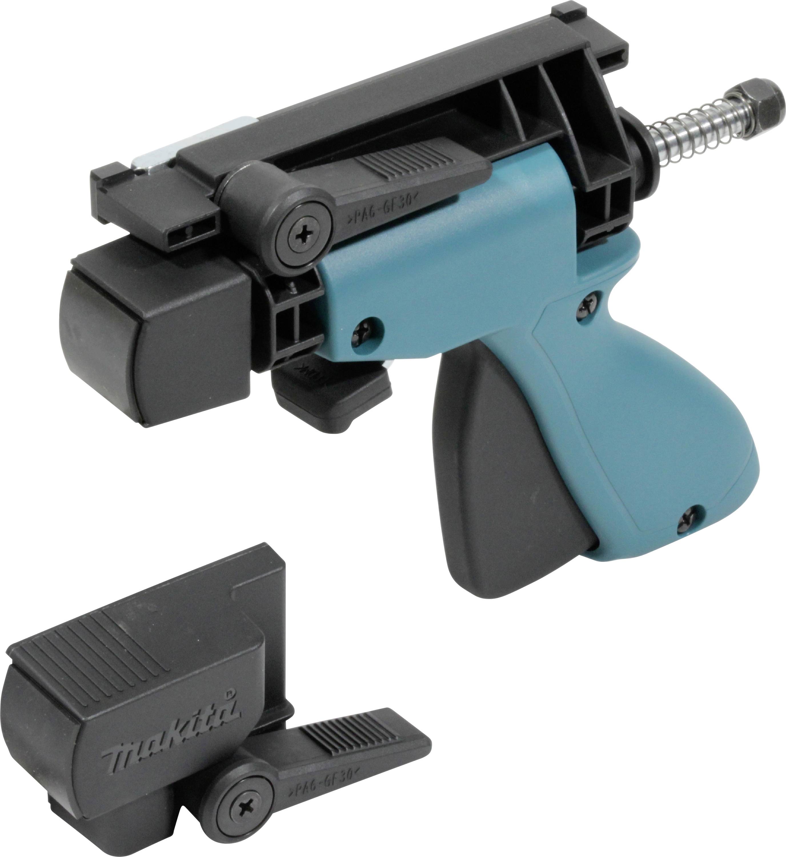 Handheld tool with a teal handle, spring mechanism, and black attachments; brand name visible. Primarily used for construction tasks.