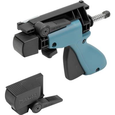 Handheld tool with a teal handle, spring mechanism, and black attachments; brand name visible. Primarily used for construction tasks.