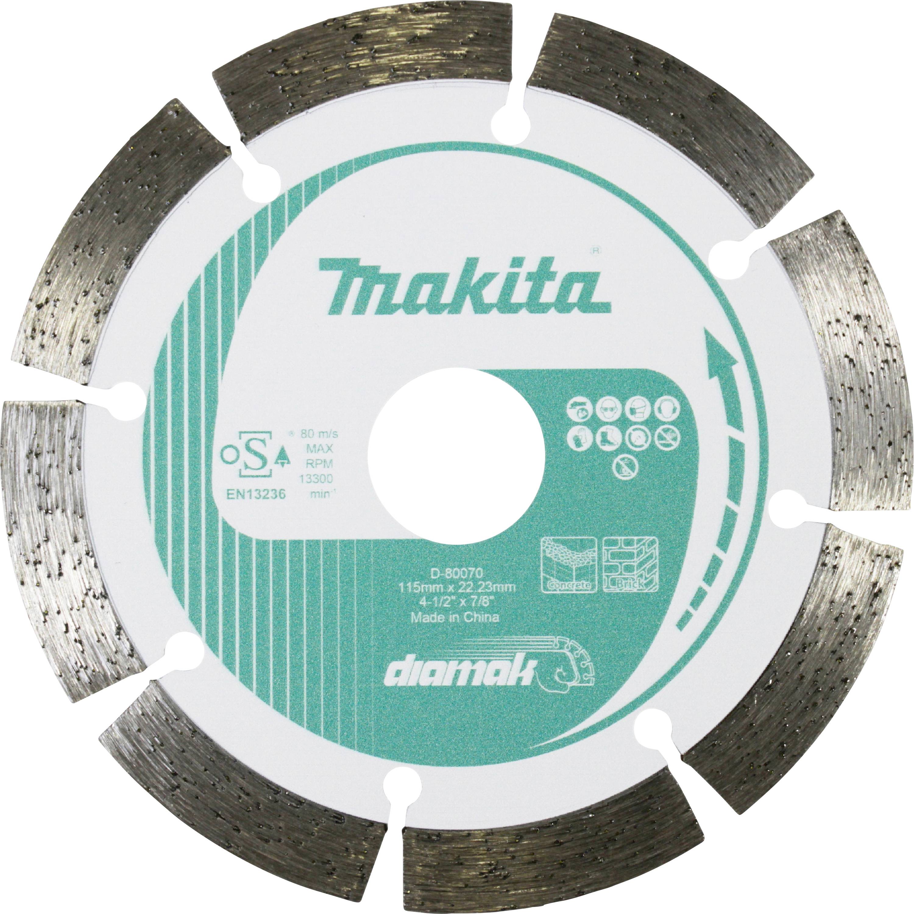 A segmented diamond blade for cutting, with 'Makita' logo. The blade has specifications like maximum RPM and diameter detailed on it.
