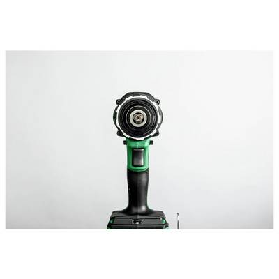 A green and black cordless drill facing forward against a white background, displaying the drill head and handle prominently.