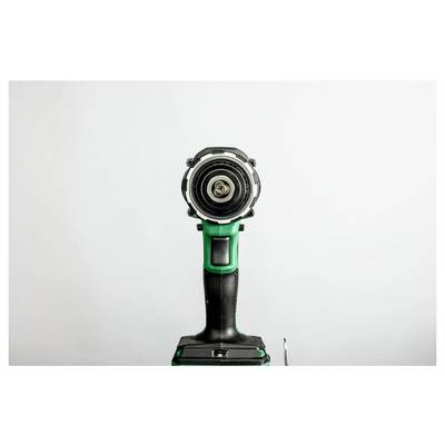 A green and black cordless drill facing forward, centered against a plain background. The drill is turned off and shows no visible action.
