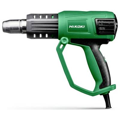 A green and black heat gun labeled 'HiKOKI' with a vented metal nozzle and ergonomic handle, used for applications like stripping paint.