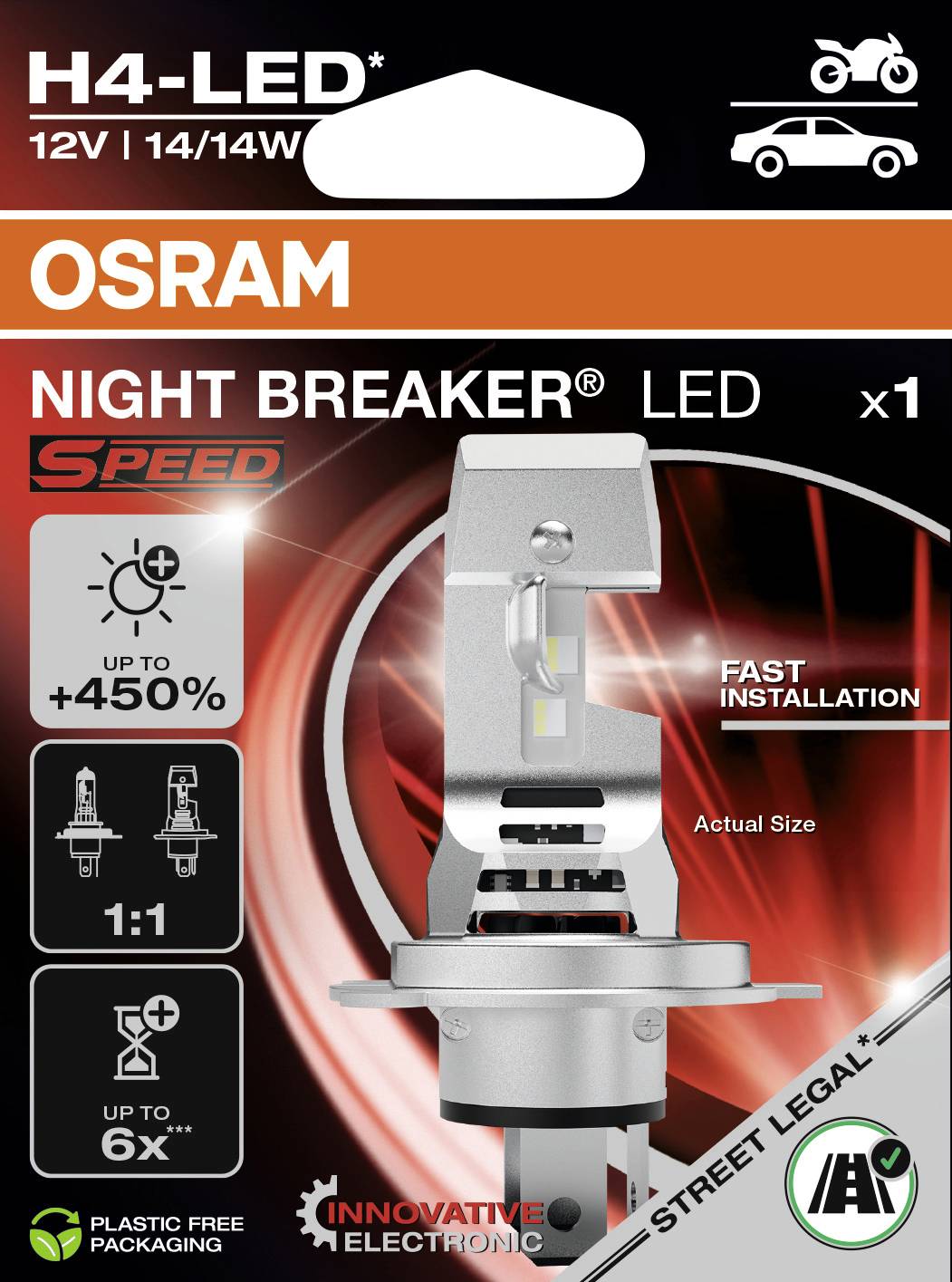 'OSRAM Night Breaker LED' headlight packaging. Highlights include speed, fast installation, up to 450% more light, 1:1 size, and IP rating.
