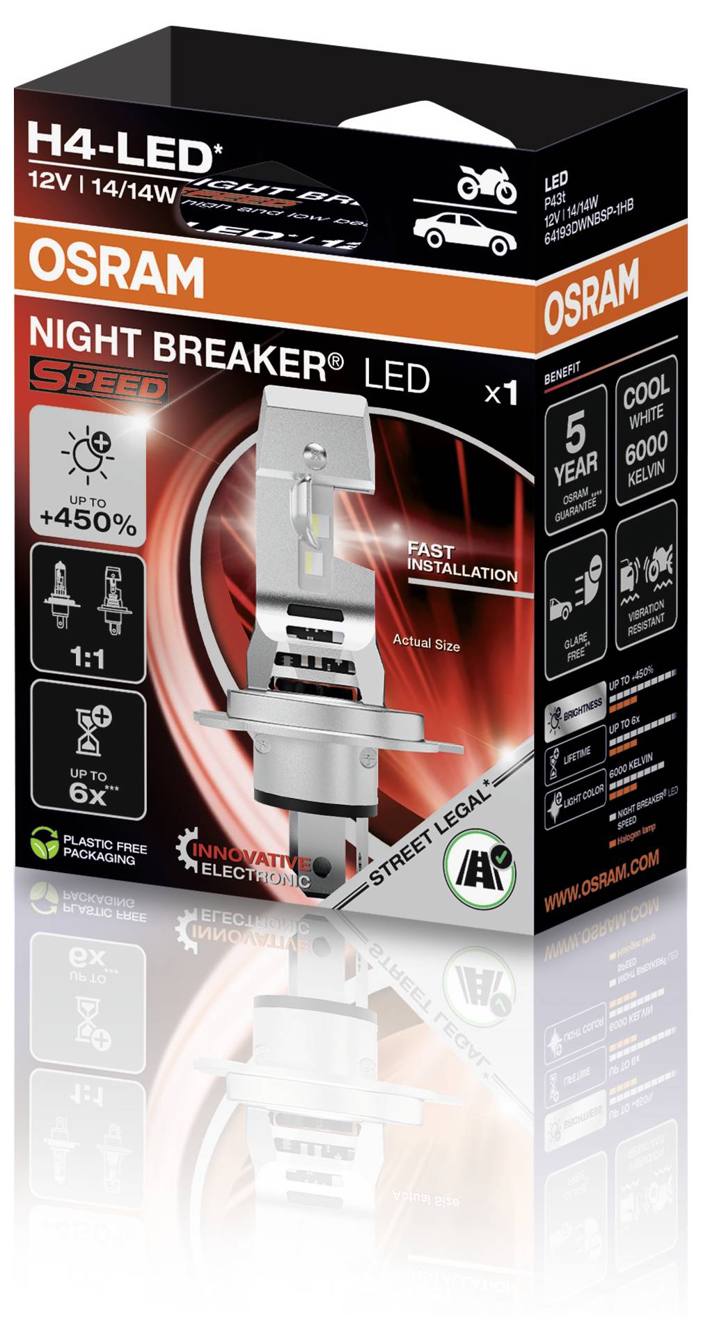 'OSRAM Night Breaker LED' bulb packaging with product image. Lists features: +450% brightness, 6000K color temp, 5-year guarantee. Suitable for motorcycles and cars.