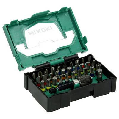 A set of various screwdriver bits organized in a segmented green and black case. The case lid is open and displays the brand name.