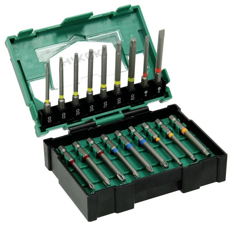 'Set of screwdriver bits in an open green and black box, featuring various types and sizes labeled with color-coded bands for easy identification.'