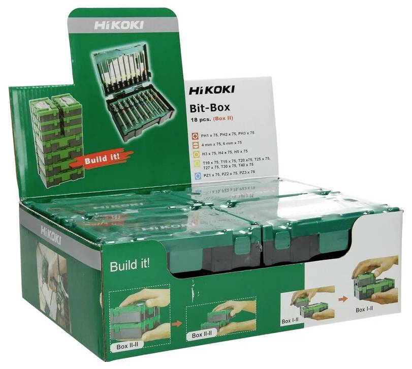 HiKoki Bit-Box display showing a green case with 18 pieces. Instructions illustrate how to stack boxes.