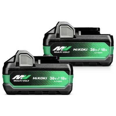 Two HiKOKI Multi Volt lithium-ion battery packs shown side by side, with a green and black design, labeled '36V + 18V'.