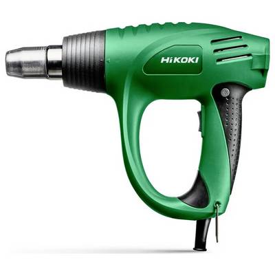 A green and black heat gun labeled 'HiKoki', featuring a textured handle for grip, designed for tasks like paint removal or plastic bending.