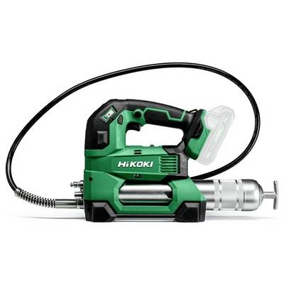 A green and black cordless grease gun labeled 'HiKOKI' with a flexible hose and trigger grip, used for lubricating machinery and equipment.
