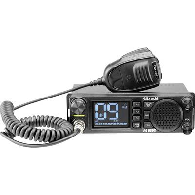 A black radio device with a digital display showing '09', labeled buttons, and a coiled microphone on top. Brand name 'Albrecht'.